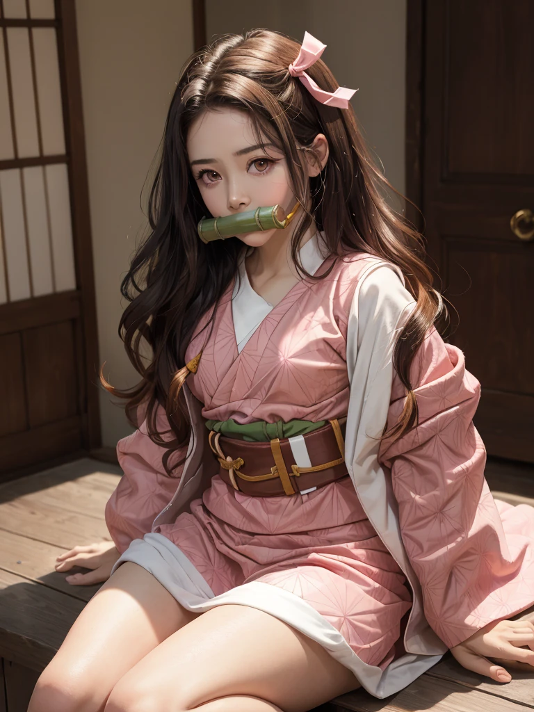 Masterpiece, Best Quality, High Resolution, Venus1, 1Girl, Solo, Tsuko Kamato, Bamboo, Gag, Hair (brown), Plaid Belt, Gag, Gag, Gradient Hair, Hair Ribbon, Haori, Japanese Clothing, Very Short Kimono, Long Hair, Looking at the Audience, Multicolored Hair, Pink Eyes, Very Short Pink Kimono, Pink Ribbon, Ribbon, Solo, (((Masterpiece)), Forehead, Sitting, Cute puffing cheeks, Angry, Eyes wide, hips very wide, thighs very thick