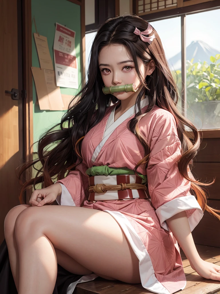 Masterpiece, Best Quality, High Resolution, Venus1, 1Girl, Solo, Tsuko Kamato, Bamboo, Gag, Hair (brown), Plaid Belt, Gag, Gag, Gradient Hair, Hair Ribbon, Haori, Japanese Clothing, Very Short Kimono, Long Hair, Looking at the Audience, Multicolored Hair, Pink Eyes, Very Short Pink Kimono, Pink Ribbon, Ribbon, Solo, (((Masterpiece)), Forehead, Sitting, Cute puffing cheeks, Angry, Eyes wide, hips very wide, thighs very thick