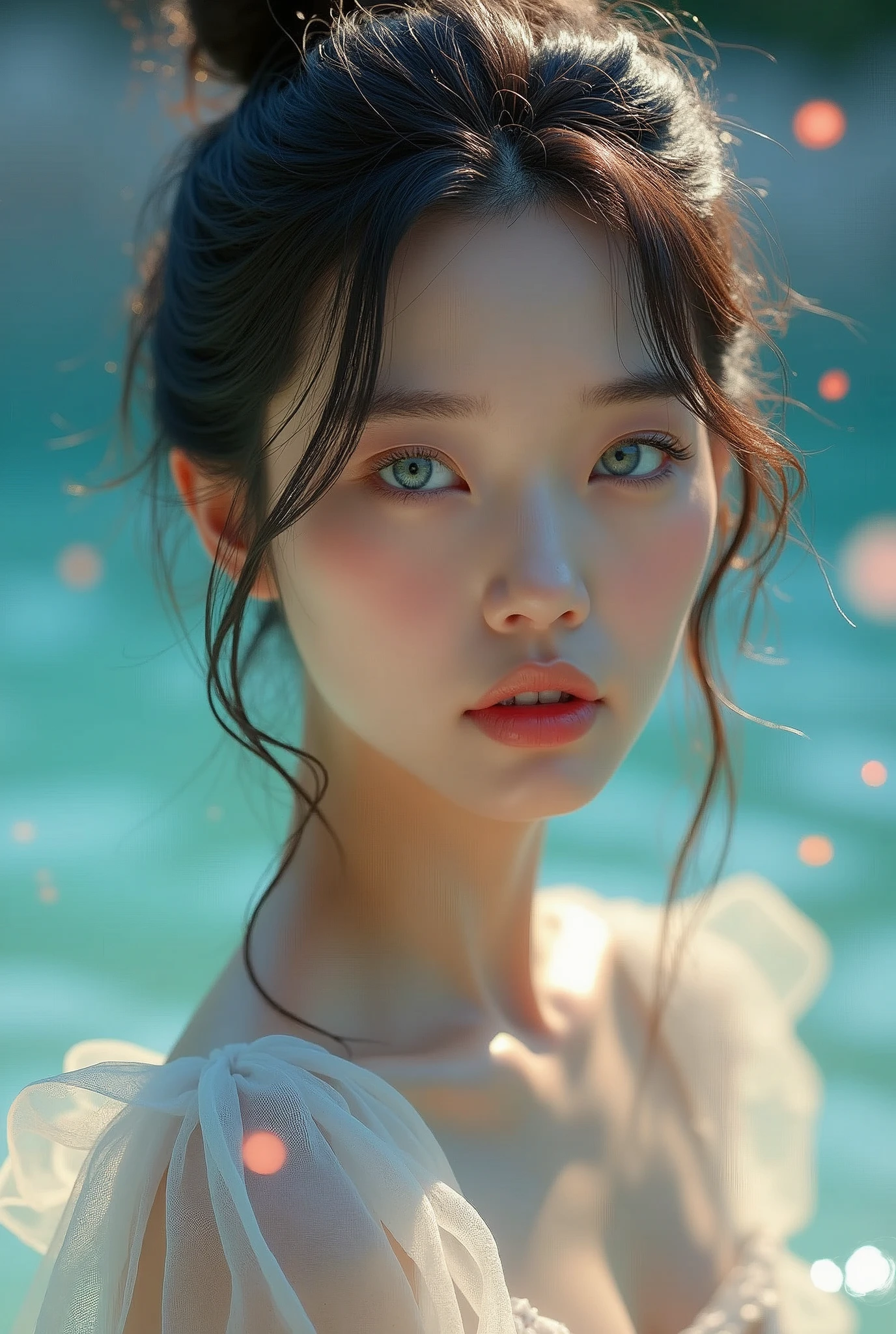 (Realistic) Insanely beautiful asian lady with messy bun hairstyle, so beautiful that her beauty transcends heaven , blue eyes so beautiful looks like stars in night sky , cute and attractive facial expressions, incredibly soft skin like an angel , natural skin color, natural breasts, godly perfect body (highly detailed) , cinematic lightings , wearing a simple yet angelic dress (highly detailed) , incredible alluring lips , full body image highly detailed from top to bottom
