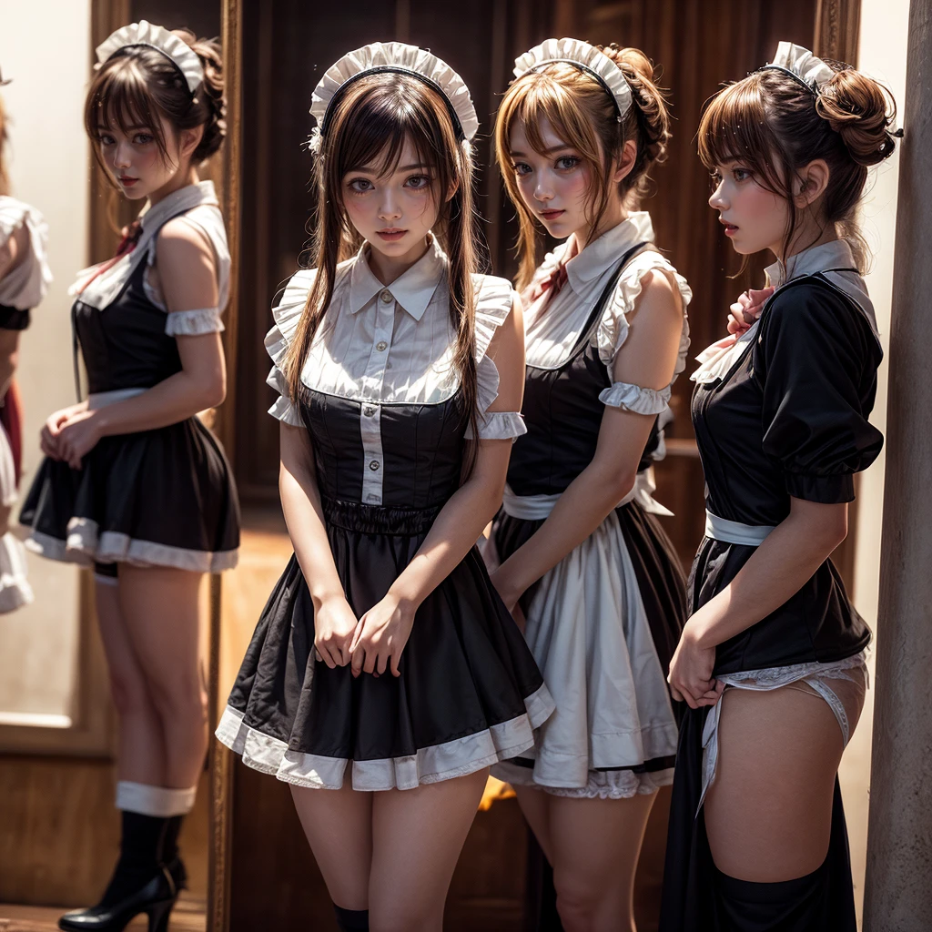 (Extremely Detailed((Kawaii Maid Group in a row:1.37))), Childish perfect face, Reflective Eyes, Detailed(Delicate Clothing textures), Dynamic Joyful Expressions LifeLike Rendering, (Specular Reflection:1.2), TopQuality 8K Ultra-detailed masterpiece (ProfessionalPhoto:1.37), (Acutance:0.8), (Luminism:1.28), (Renaissance art style), (Colorful Light particles:0.75), (Muscle:-0.5), ((Full body from side)), {(SkirtLift)|glossy floor|Kissing}, Radiant Fine Skin with Transparency, (Exposed:0.5), (Different Types of Vivid Hair Color:1.35),