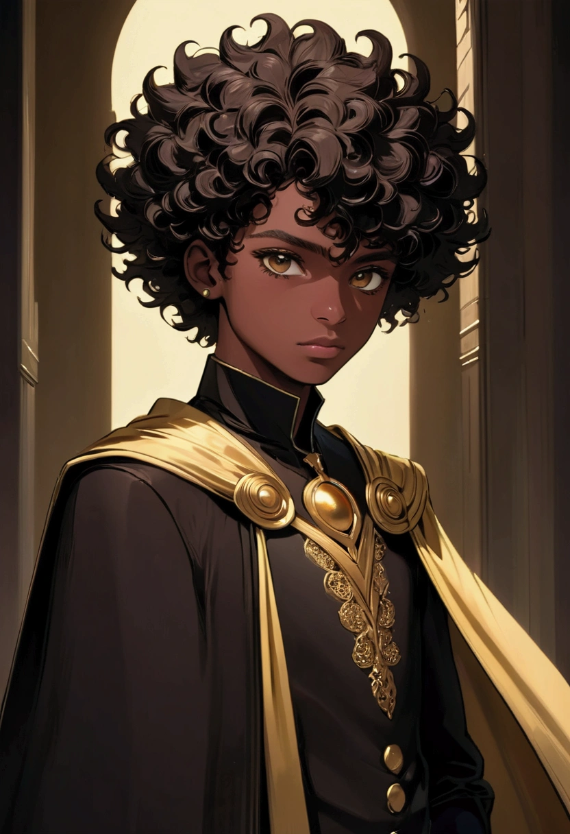 (Male Boy: 1.5)“Portrait of Koyo, a 16-year-old boy, 1.80 m tall, dark brown skin and Afro-descendant features. She has black hair, curly and well combed in small, voluminous 3.6 centimeter curls. expressive, deep brown, with a shape that follows the aesthetics of a high school ager. The nose is slightly rounded and the mouth is well defined, with full lips. Koyo wears an outfit that combines classic and modern elements: one. black shirt and long jacket with gold details, accompanied by a flowing cape that gives an imposing look. He wears dark pants and high boots, also with golden details that harmonize with the rest of the look. (Dark Skin Color: 1.5)