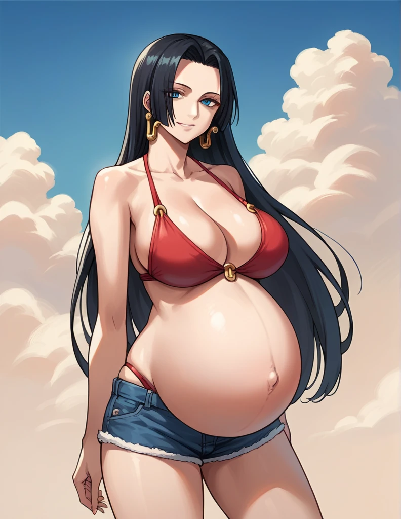 score_9, score_8_up, score_7_up, source_anime, best quality, clear face, 1girl, Boa hancock, black hair, long hair, blue eyes, large breasts, bikini, shorts, cleavage, smile, looking at viewer, sky, standing, pregnant belly, huge belly, belly