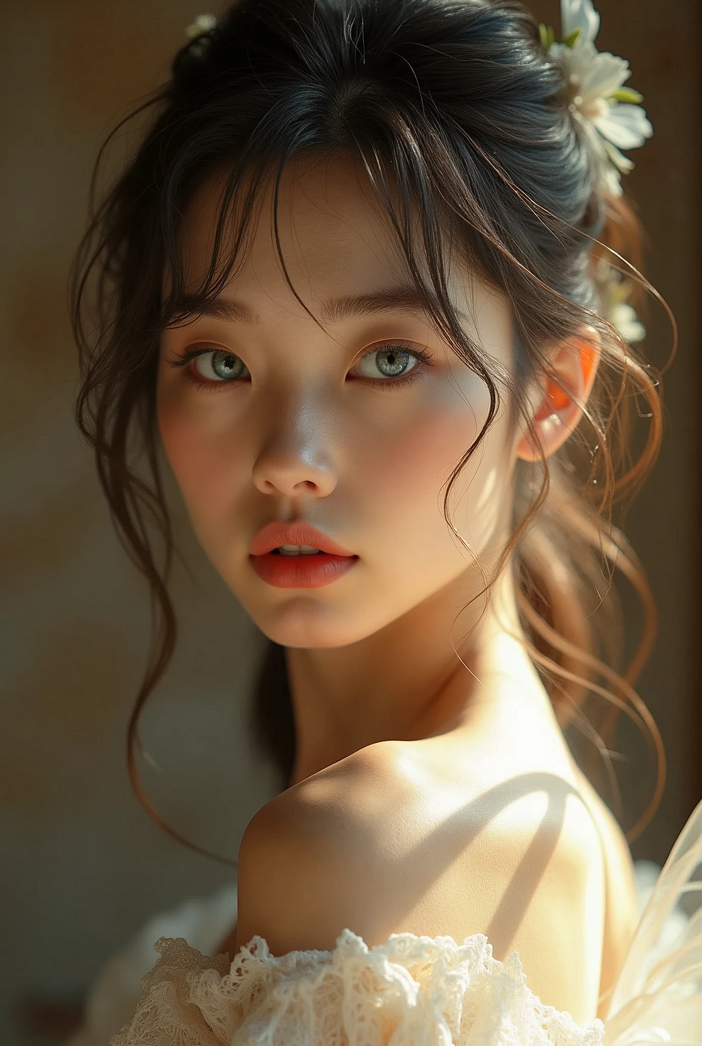 (Realistic) Insanely beautiful asian lady with messy bun hairstyle, so beautiful that her beauty transcends heaven , blue eyes so beautiful looks like stars in night sky , cute and attractive facial expressions, incredibly soft skin like an angel , natural skin color, natural breasts, godly perfect body (highly detailed) , cinematic lightings , wearing a simple yet angelic dress (highly detailed) , incredibly soft and alluring lips , full body image highly detailed from top to bottom