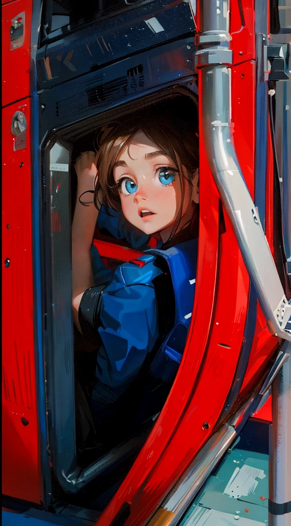((Best Quality, 8K, Masterpiece: 1.3)), best quality, ultra high res, there is a young girl sitting in a red and blue train, inside the tardis, emma watson as spiderman, in a crashed spaceship, jenna coleman as the doctor, sitting in a crane, clara oswald, the 13th doctor regenerating, fan art, location is inside the tardis, upside down stranger things, down in the sewers of london, advert