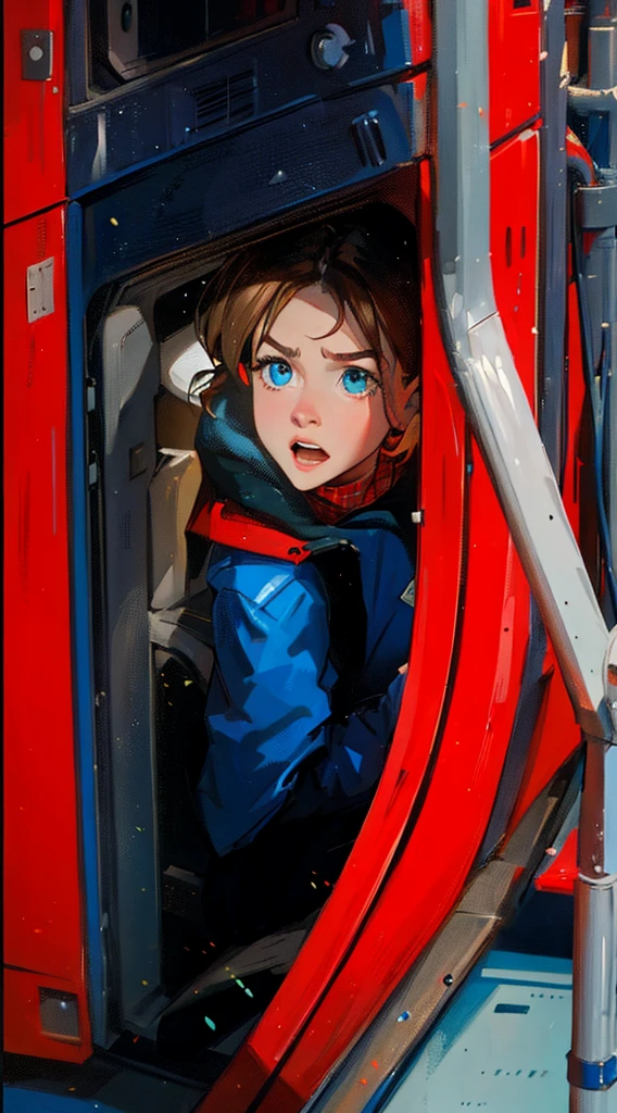 ((Best Quality, 8K, Masterpiece: 1.3)), best quality, ultra high res, there is a young girl sitting in a red and blue train, inside the tardis, emma watson as spiderman, in a crashed spaceship, jenna coleman as the doctor, sitting in a crane, clara oswald, the 13th doctor regenerating, fan art, location is inside the tardis, upside down stranger things, down in the sewers of london, advert