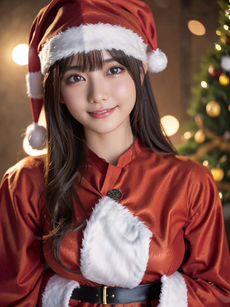 beautiful detailed eyes,droppy eyes,beautiful detailed lips, extremely detailed eyes and face, long eyelashes, 1japanese girl, fantasy character, (Santa Claus costume:1.25),smile,short hair,highly detailed, dramatic lighting, glowing effects, mist, intricate details, volumetric lighting, cinematic composition, hyper realistic, 8k, best quality, masterpiece, photorealistic,Highres fix,snowy night town