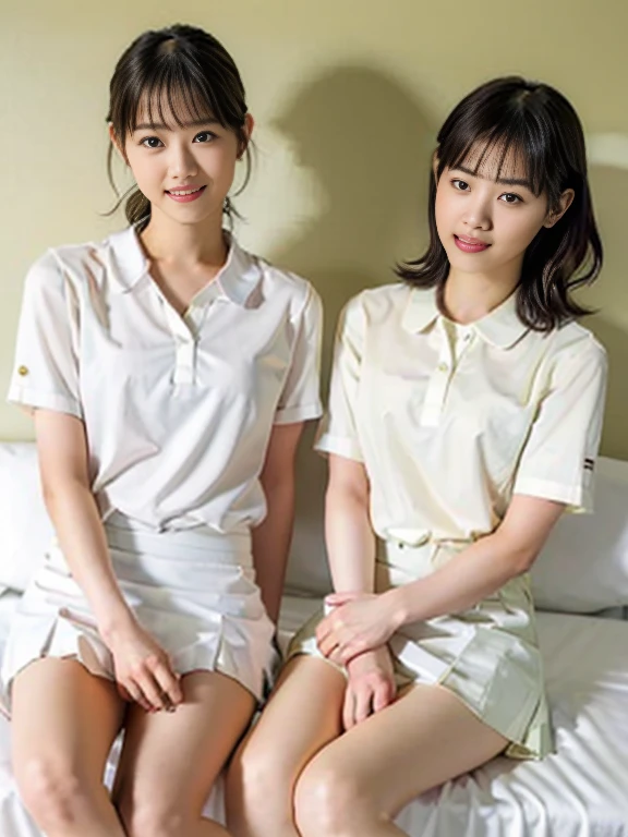 (Masterpiece, Best quality:1.3), (Ultra realistic, Photo-realistic:1.2), From above, From side, Natural light, 28 years old actress, Japanese 2 women, Neat and clean, (White tennis uniform, White short-sleeve polo shirt with darknavy line collar:1.1), (unbutton:1.3), (White tennis skirt:1.1), white sock, (short wavy hair:1.2), (Beautiful face), Oval face, clear, Beautiful eyes, Kind eyes, Clear skin, Small face, Beautiful mouth, Small mouth, Natural makeup, Approachable, (nsfw:1.2), Seductive smile, (Seductive pose:1.3), (Beautiful thighs:1.1), (Bedroom eyes:1.1), Embarrassed, Blush, Luxury hotel Suite room, On bed, Hidden camera installed in suite room captures obscene reality of school girls , (lesbian couple , petting together:1.1),