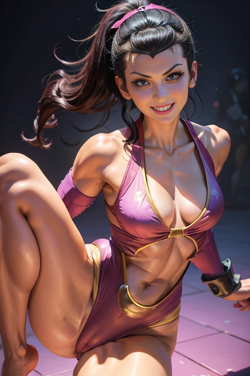 ninja woman, juri from street fighter, small breast, fit body, barefoot, smiling, inside dodjo, aesthetic, full body, high detailed image, masterpiece, realistic photo