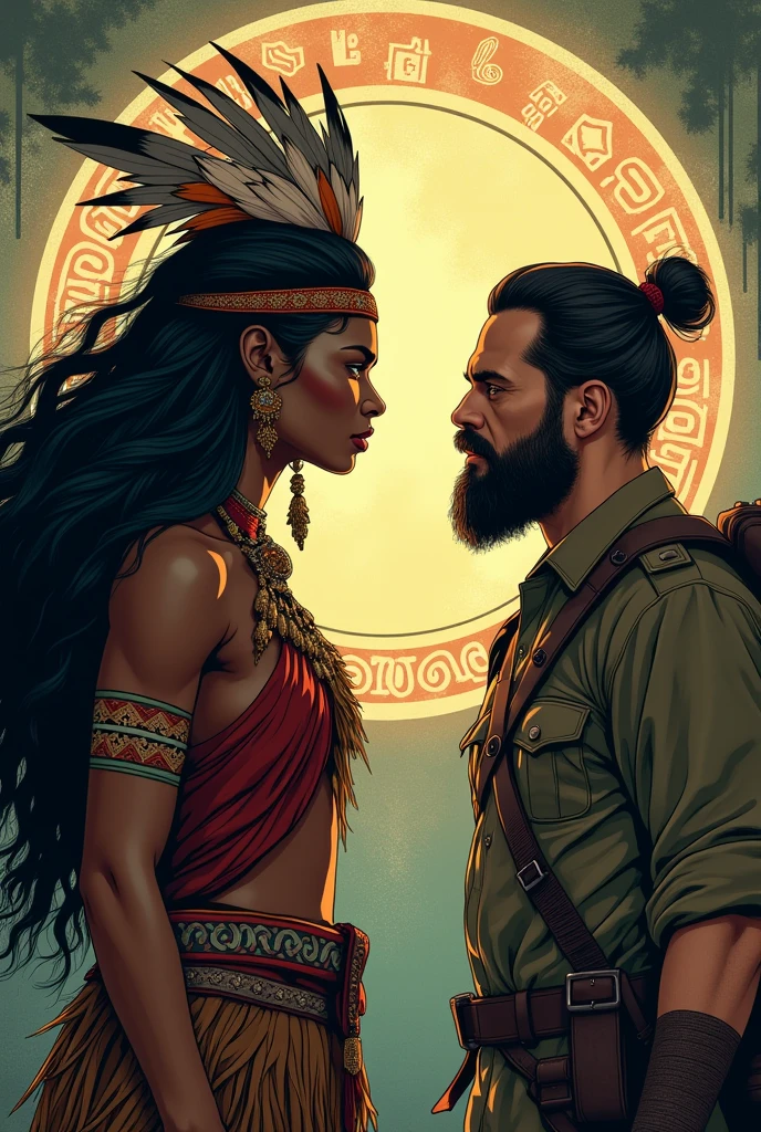 Create an epic story poster of a black girl with long hair and in native clothing with a white Caucasian man with a worn out soldier uniform while he's captured by her native people and she's looking at him from her perspective 