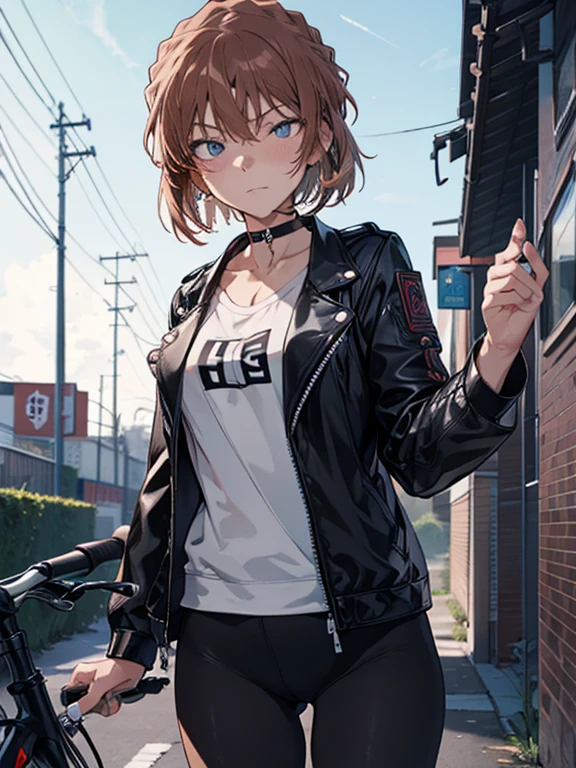 rider, Black Leather Jacket, Ride a big bike, ai haibara, 1girl, black choker, uhd, retina, masterpiece, ccurate, anatomically correct, textured skin, super detail, high details, high quality, best quality, highres, 4K