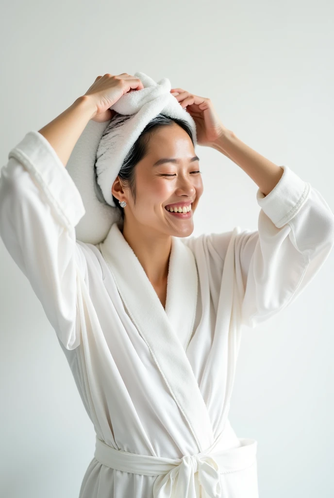 Create an Asian middle-aged beauty,Wearing a white satin bathrobe,Scratching the scalp with both hands,Two hands washing hair on top of head,There is a lot of foam on the head,Foam wrap head,Realistic foam,The expression is happy,Upper Body,The characters are realistic and realistic,Pure white background,Character front position,9:16 frames,Ultra-high-definition picture quality