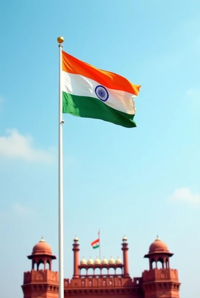 in the center the Hoisted India Flag that is not waving, light blue sky with minimal clouds and red fort as backdrop
Mkake the flag bigger and it should not be moving