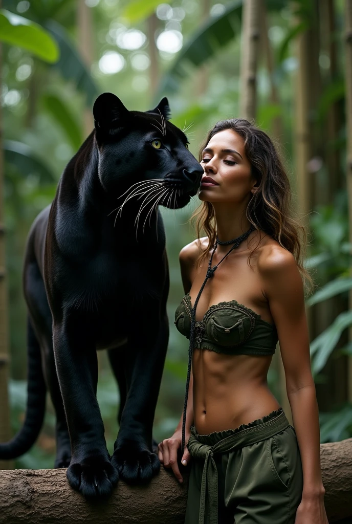 araffe posing with a black leopard in a jungle with palm trees, queen of the jungle, national geographic photoshoot, gorgeous jungle ranger, amazon queen, dolce & gabbana campaign, jaguar, jungle, brazilan supermodel, on jungle night !!!, in a jungle environment, in the jungle, amazonian, 4k still, beautiful, in a jungle, 3 0 years woman