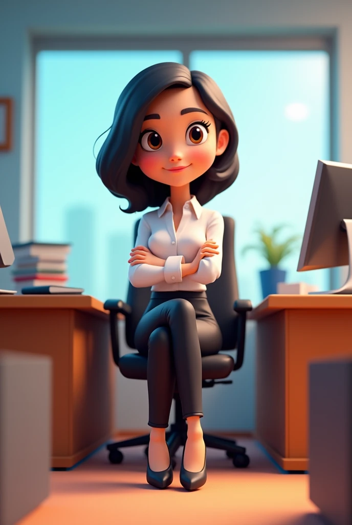 Cartoon 3d, adult woman, shoulder-length black hair, round brown eyes,
white dress shirt and black dress pants, high heels,
inside an office, sitting at her desk, looking straight ahead, with her arms crossed