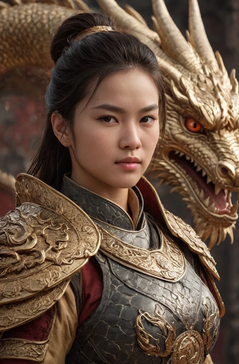 Ultra-high resolution,High-resolution details,photo (Female warrior with Chinese dragon in the background:1.3), 20 years old woman,Very detailed, 8K, illustration, Concept Art, Clear focus, Volumetric Lighting, Epic creation