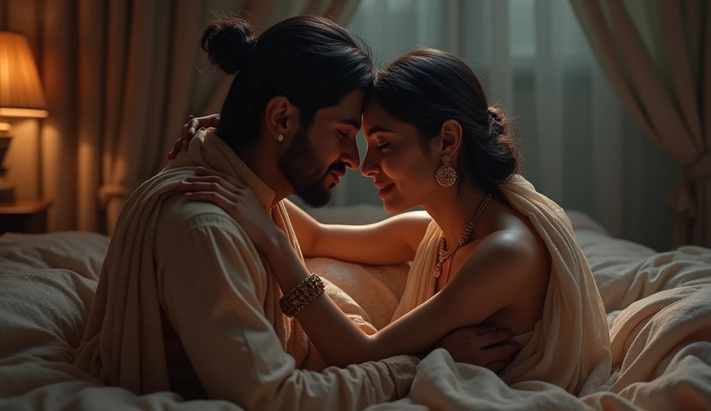 generate image of HINDU COUPLE CUDDLING EACHOTHER IN BED