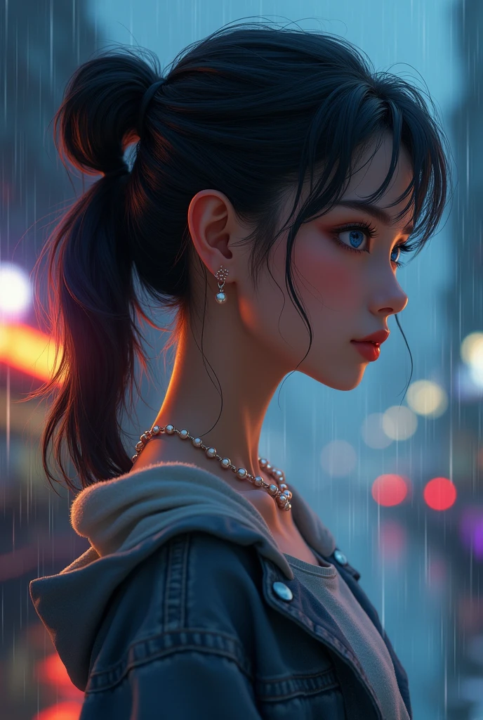 From the side, hips up, ((addielyn)), side pose, random pose, night, (extremely delicate and beautiful work), (masterpiece), 1girl, streetwear, highly detailed, ponytail twist, charming expression, beautiful and clear eyes, blue eye pupils, delicate pearl necklace, delicate earrings, simple blurred background, extreme detail description, beautiful, charming, ultra-fine painting, delicate face, delicate figure, fine collarbone, cute lips, Soft Behind, mix4, (8k, RAW photo, best quality, masterpiece: 1.2), (realistic, photorealistic: 1.37), 1 girl, cute, cityscape, night, rain, wet, professional lighting, photon mapping, radiosity, physically based rendering, waist up,