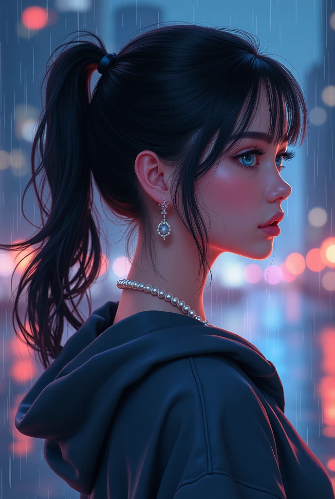 From the side, hips up, ((addielyn)), side pose, random pose, night, (extremely delicate and beautiful work), (masterpiece), 1girl, streetwear, highly detailed, ponytail twist, charming expression, beautiful and clear eyes, blue eye pupils, delicate pearl necklace, delicate earrings, simple blurred background, extreme detail description, beautiful, charming, ultra-fine painting, delicate face, delicate figure, fine collarbone, cute lips, Soft Behind, mix4, (8k, RAW photo, best quality, masterpiece: 1.2), (realistic, photorealistic: 1.37), 1 girl, cute, cityscape, night, rain, wet, professional lighting, photon mapping, radiosity, physically based rendering, waist up,