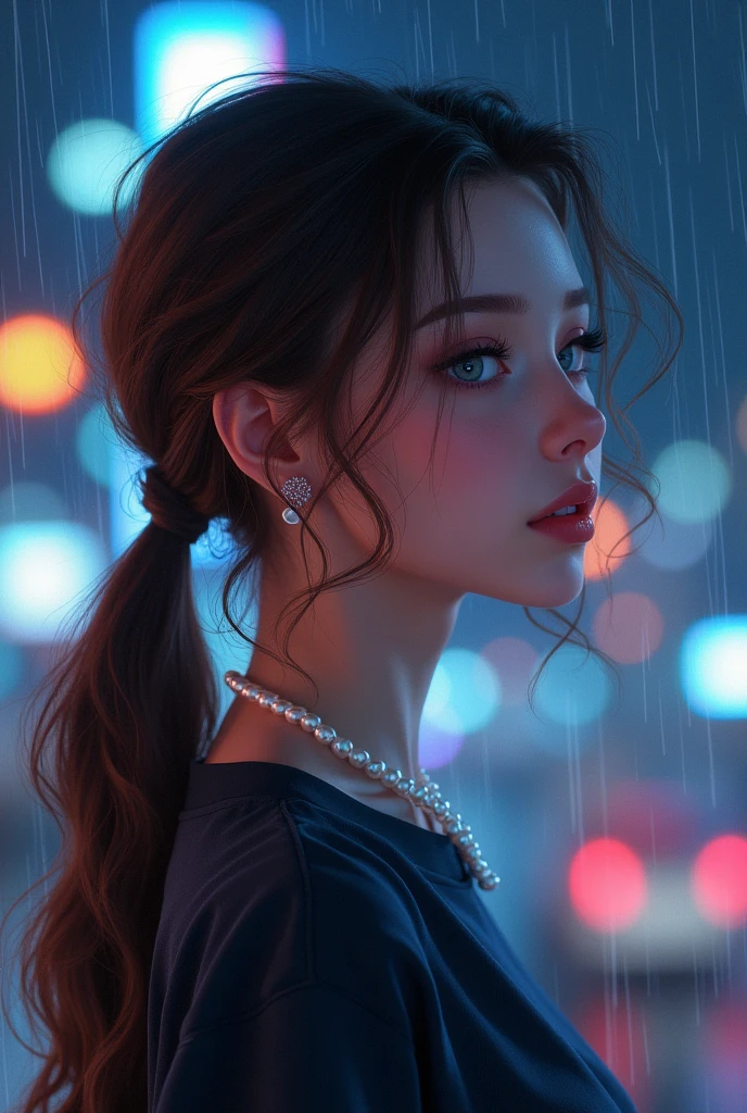 From the side, hips up, ((addielyn)), side pose, random pose, night, (extremely delicate and beautiful work), (masterpiece), 1girl, streetwear, highly detailed, ponytail twist, charming expression, beautiful and clear eyes, blue eye pupils, delicate pearl necklace, delicate earrings, simple blurred background, extreme detail description, beautiful, charming, ultra-fine painting, delicate face, delicate figure, fine collarbone, cute lips, Soft Behind, mix4, (8k, RAW photo, best quality, masterpiece: 1.2), (realistic, photorealistic: 1.37), 1 girl, cute, cityscape, night, rain, wet, professional lighting, photon mapping, radiosity, physically based rendering, waist up,