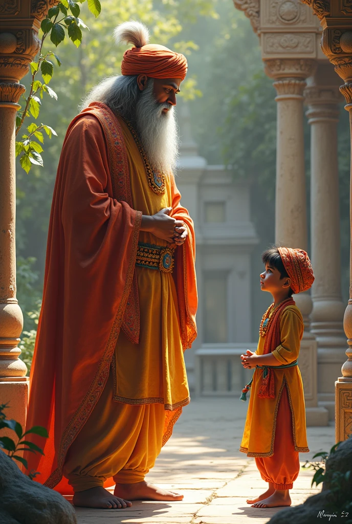 A 12 year old boy wearing Indian clothes is standing with folded hands in front of Guru Matsyendranath.