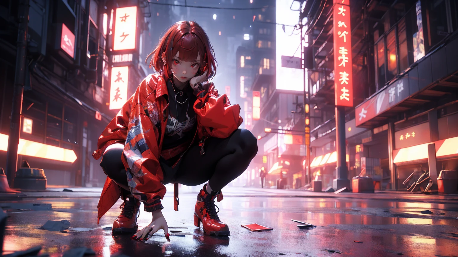 (masterpiece:1.2), best quality,CG,3d, samurai girl,
1 sister, Red eyes, ear nipple ring, alone, hair color, jewelry, looking at the audience, Vague, Full body female love, through bangs, red hair clothes, jacket, Squat down, Background of Vague, collar, Short hair details, long sleeves, red nails, shut up, red footwear, Floral fragrance, red top, striped hair,katana sword