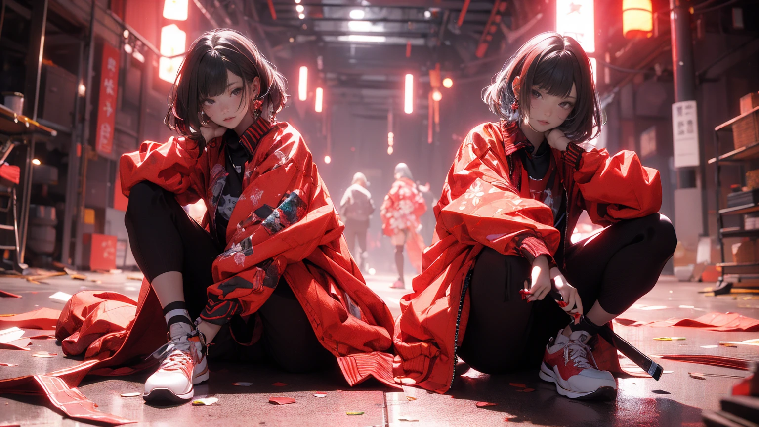 (masterpiece:1.2), best quality,CG,3d, samurai girl,
1 sister, Red eyes, ear nipple ring, alone, hair color, jewelry, looking at the audience, Vague, Full body female love, through bangs, red hair clothes, jacket, Squat down, Background of Vague, collar, Short hair details, long sleeves, red nails, shut up, red footwear, Floral fragrance, red top, striped hair,katana sword