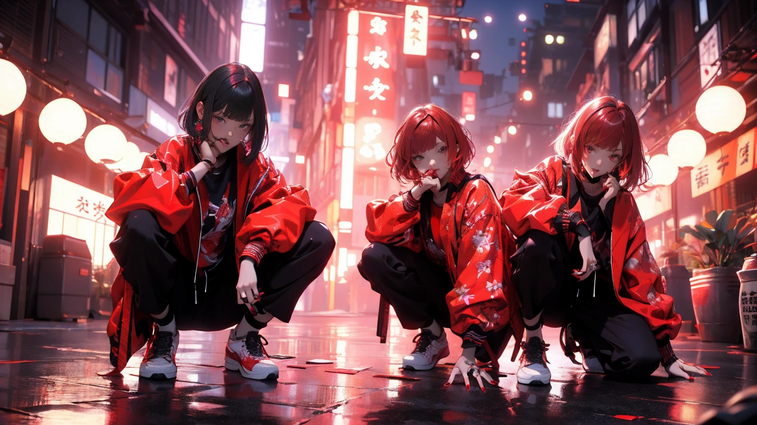 (masterpiece:1.2), best quality,CG,3d, samurai girl,
1 sister, Red eyes, ear nipple ring, alone, hair color, jewelry, looking at the audience, Vague, Full body female love, through bangs, red hair clothes, jacket, Squat down, Background of Vague, collar, Short hair details, long sleeves, red nails, shut up, red footwear, Floral fragrance, red top, striped hair,katana sword