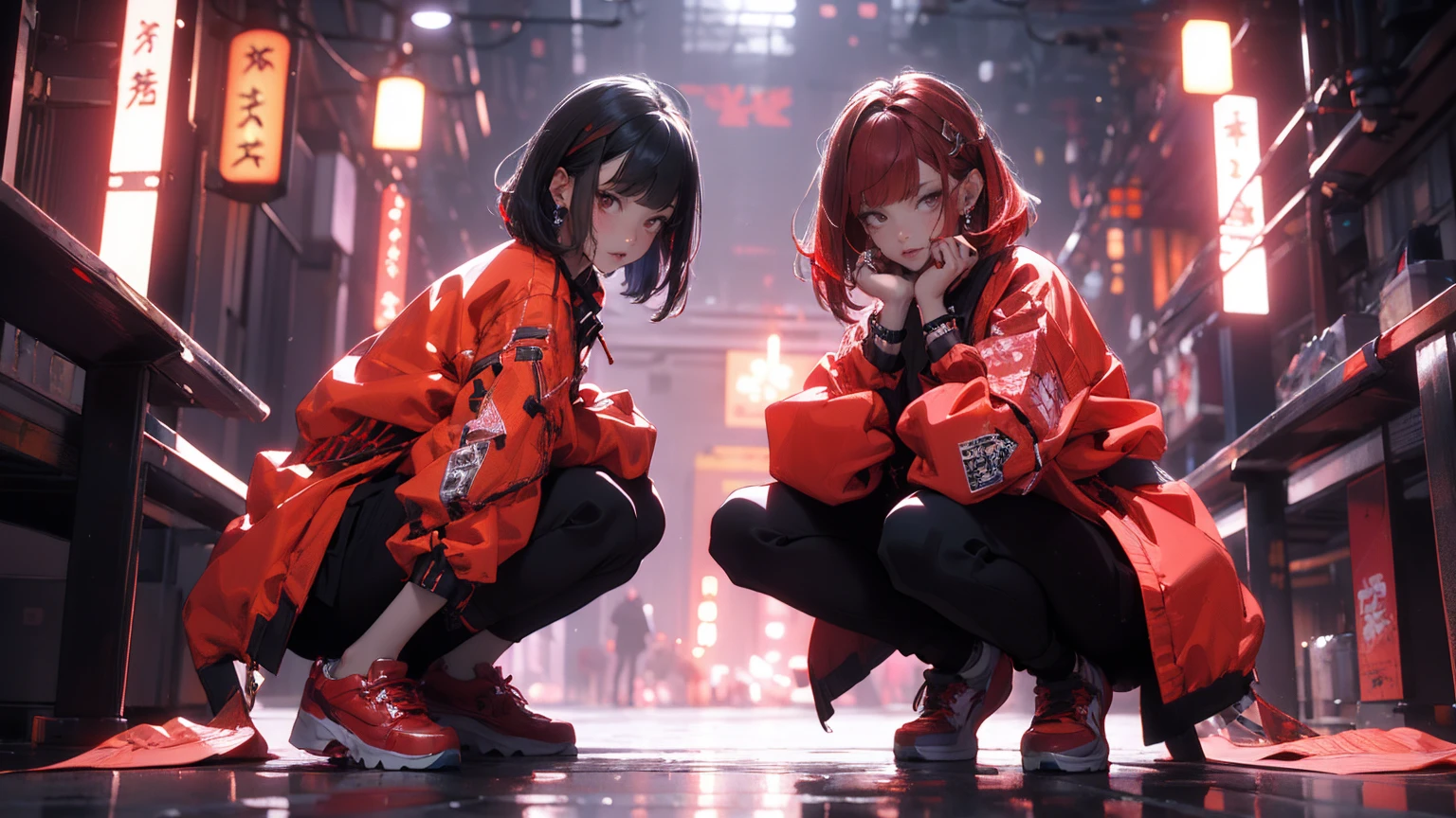 (masterpiece:1.2), best quality,CG,3d, samurai girl,
1 sister, Red eyes, ear nipple ring, alone, hair color, jewelry, looking at the audience, Vague, Full body female love, through bangs, red hair clothes, jacket, Squat down, Background of Vague, collar, Short hair details, long sleeves, red nails, shut up, red footwear, Floral fragrance, red top, striped hair,katana sword
