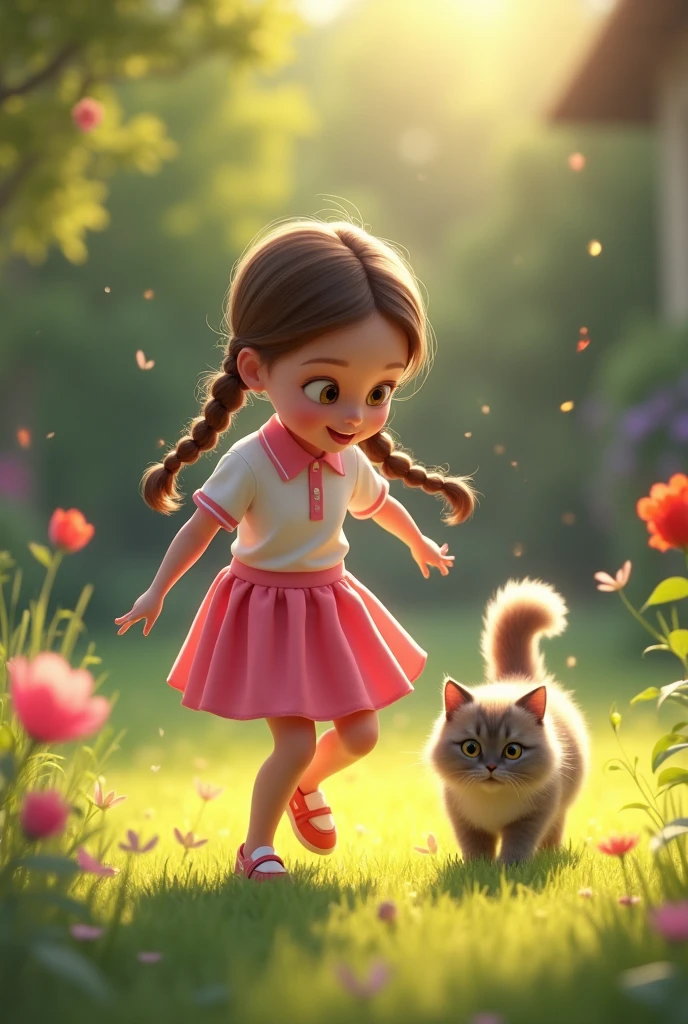 Size 1242x2688 pixels，A double braided，Wearing a pink polo skirt，Chasing and playing with Ragdoll cat in the garden，Composition vision，The sun shines on the colorful picture，Second dimension animation，Monet oil painting style，Ultra high definition 4k8k detailed webp 