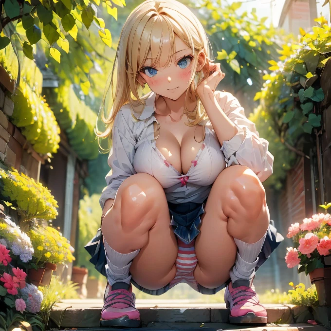 One person, squat, Place your knees together and spread your legs, Lower Body, Boldly show underwear, Striped underwear, Pink underwear, Shooting from below, Inflate your waist++, Large Breasts , Cinematic ,Beautiful flower field, (one piece:1.2), Lower Bodyを閉じる,Backlight,Shiny Hair,Realistic meat,Stylish hairstyle,Fashionable clothes,Stylish panties,Stuffy crotch,The bite is obvious,Panty wrinkles,Cleavage、The bite is clear,Dark skin,