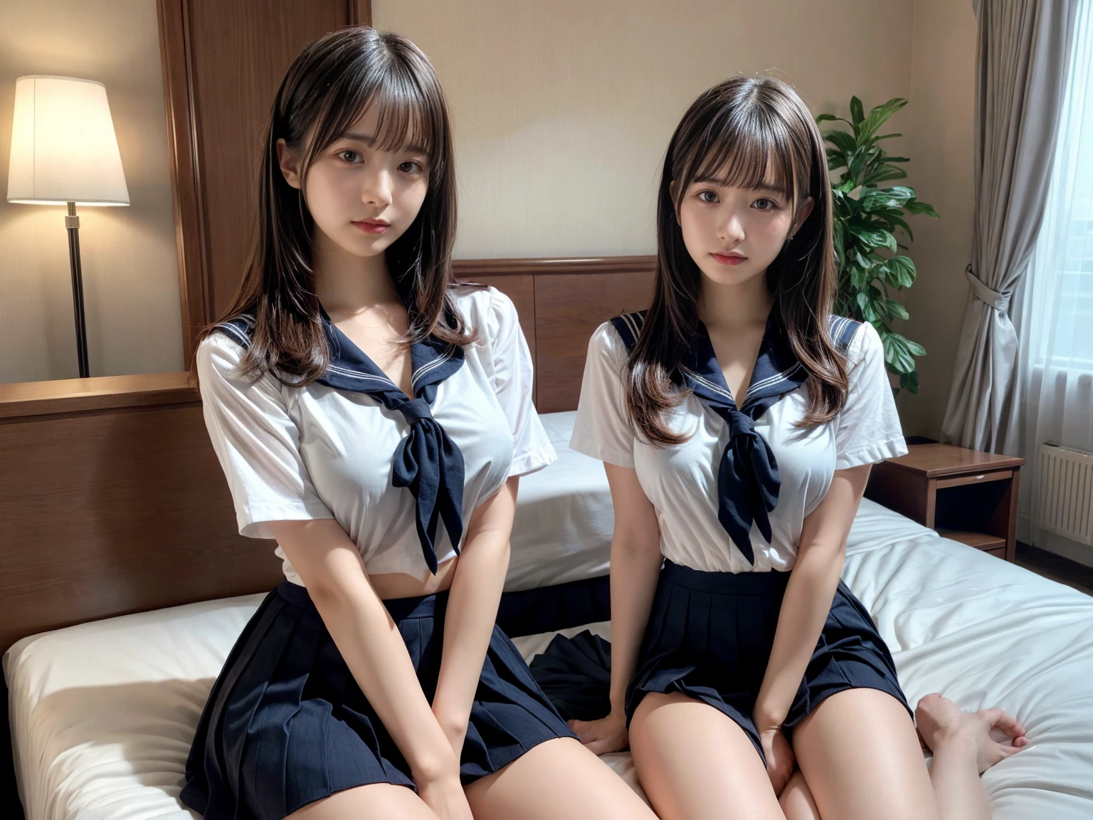 masterpiece, best quality, illustration, Super detailed, fine details, High resolution, 8K,wall paper, perfect dynamic composition,(Details High quality, realistic depiction of eyes:1.3), (3 girls), Black Sailor Uniform, serafuku, Navy pleated skirt, sitting, open legs, short bob hair, in a hotel room in the background, deep on field, large breasts, black hair color, Big Natural Color Lip, (perfect body shape), crying a little、Harajuku style、20 year old girl、cute type、beautiful legs, Gravure Idol