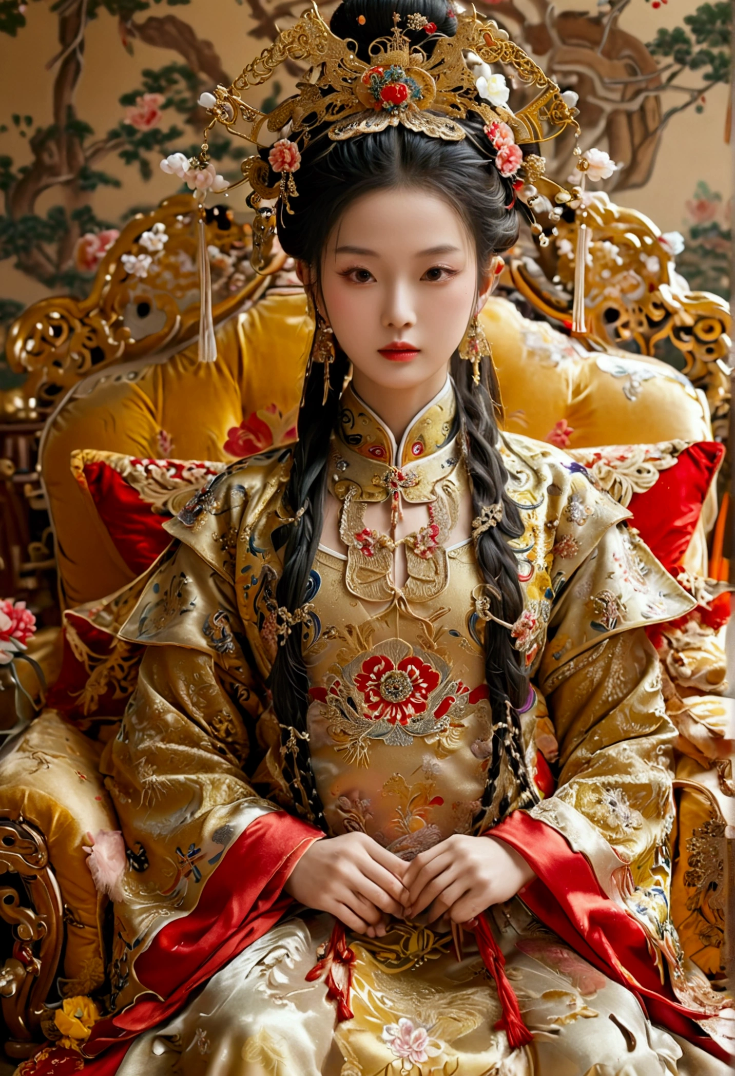 A gorgeous empress from the Chinese imperial court during the Qing Dynasty, fully naked on a large golden sofa, spreading one's legs open wide with knees bent,creating the shape of the letter M(Porn Pose) A gorgeous Chinese imperial empress with her hair tied on both sides and wearing a crown、Background of kinky and erotic woman tying her hair、The story is set in the luxurious rooms of an empress in the Chinese imperial court during the Qing dynasty.。