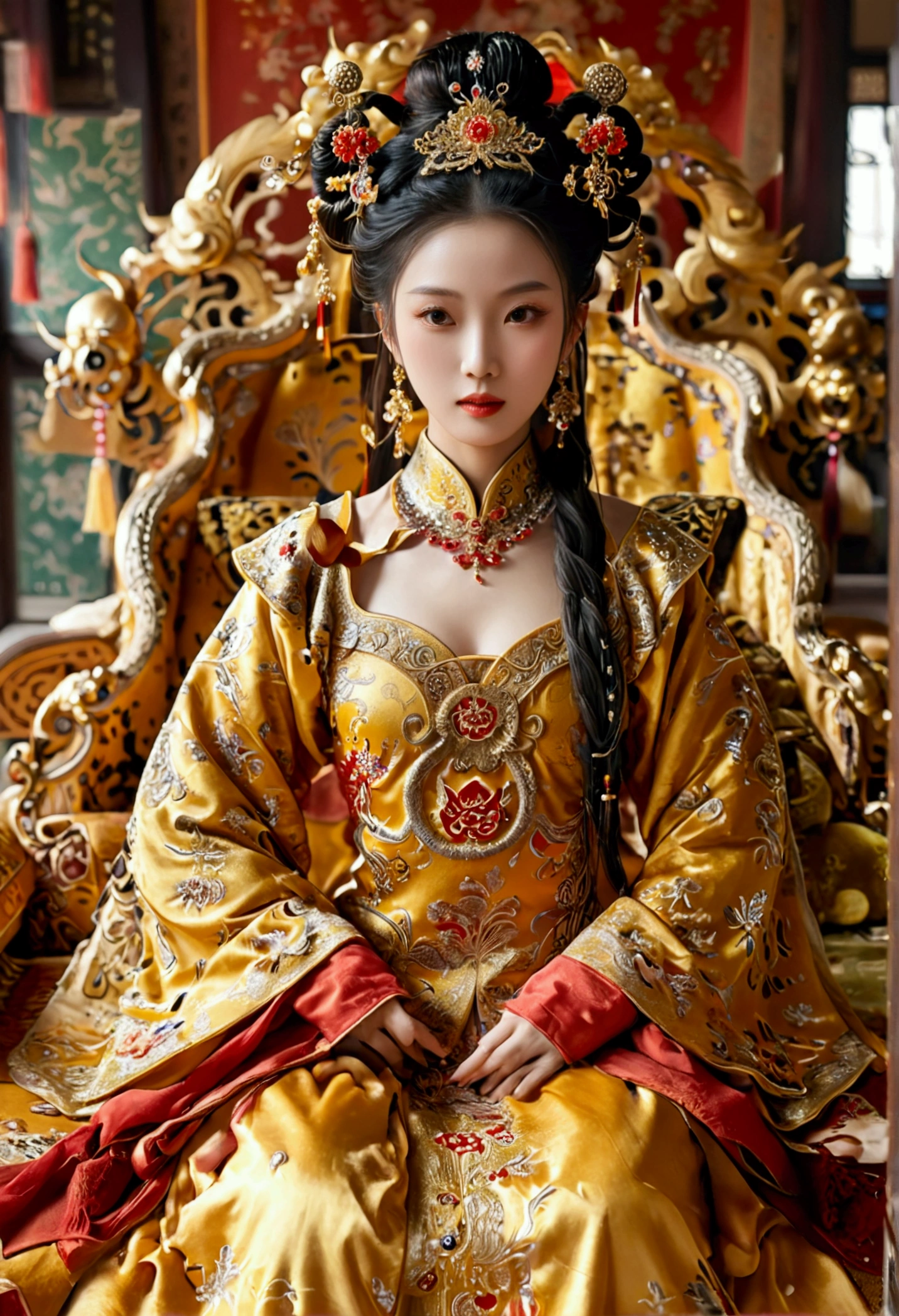 A gorgeous empress from the Chinese imperial court during the Qing Dynasty, fully naked on a large golden sofa, spreading one&#39;s legs open wide with knees bent,creating the shape of the letter M（Porn Pose） A gorgeous Chinese imperial empress with her hair tied on both sides and wearing a crown、Background of kinky and erotic woman tying her hair、The story is set in the luxurious rooms of an empress in the Chinese imperial court during the Qing dynasty.。