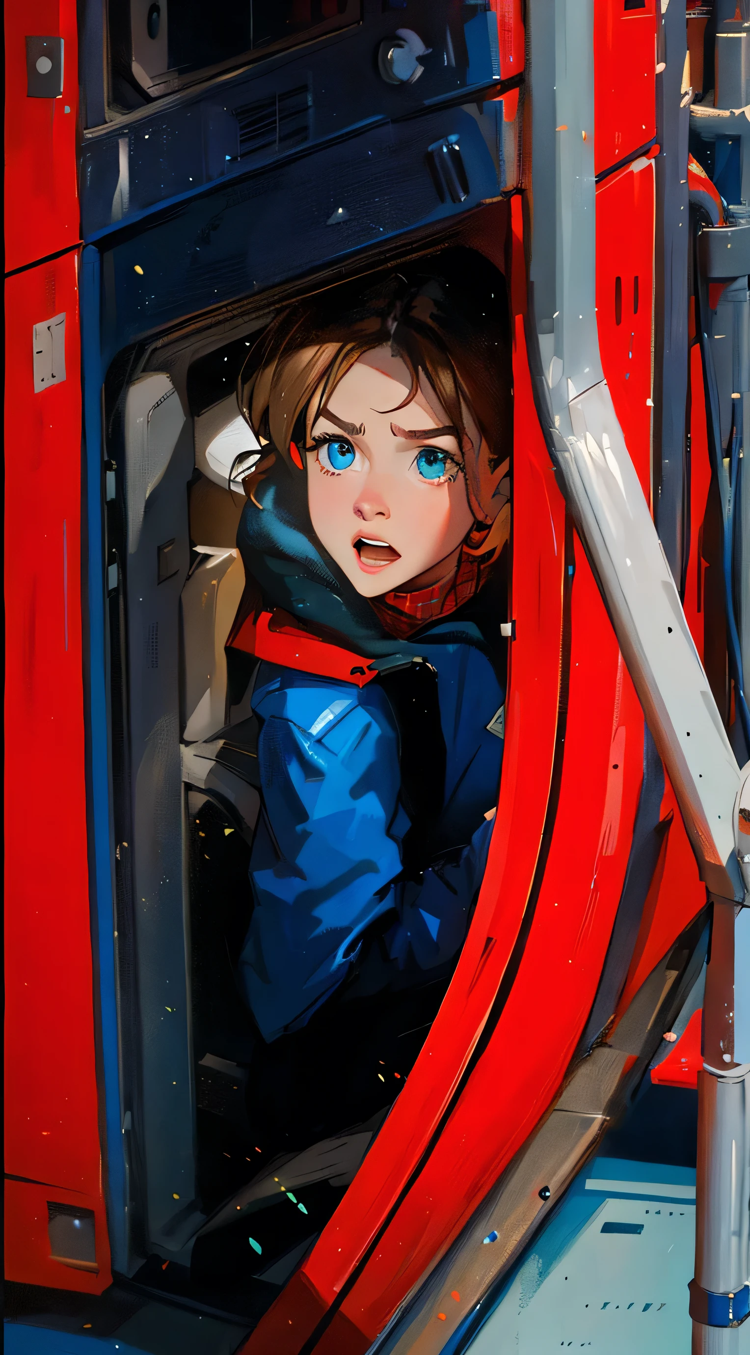 ((Best Quality, 8K, Masterpiece: 1.3)), best quality, ultra high res, there is a young girl sitting in a red and blue train, inside the tardis, emma watson as spiderman, in a crashed spaceship, jenna coleman as the doctor, sitting in a crane, clara oswald, the 13th doctor regenerating, fan art, location is inside the tardis, upside down stranger things, down in the sewers of london, advert