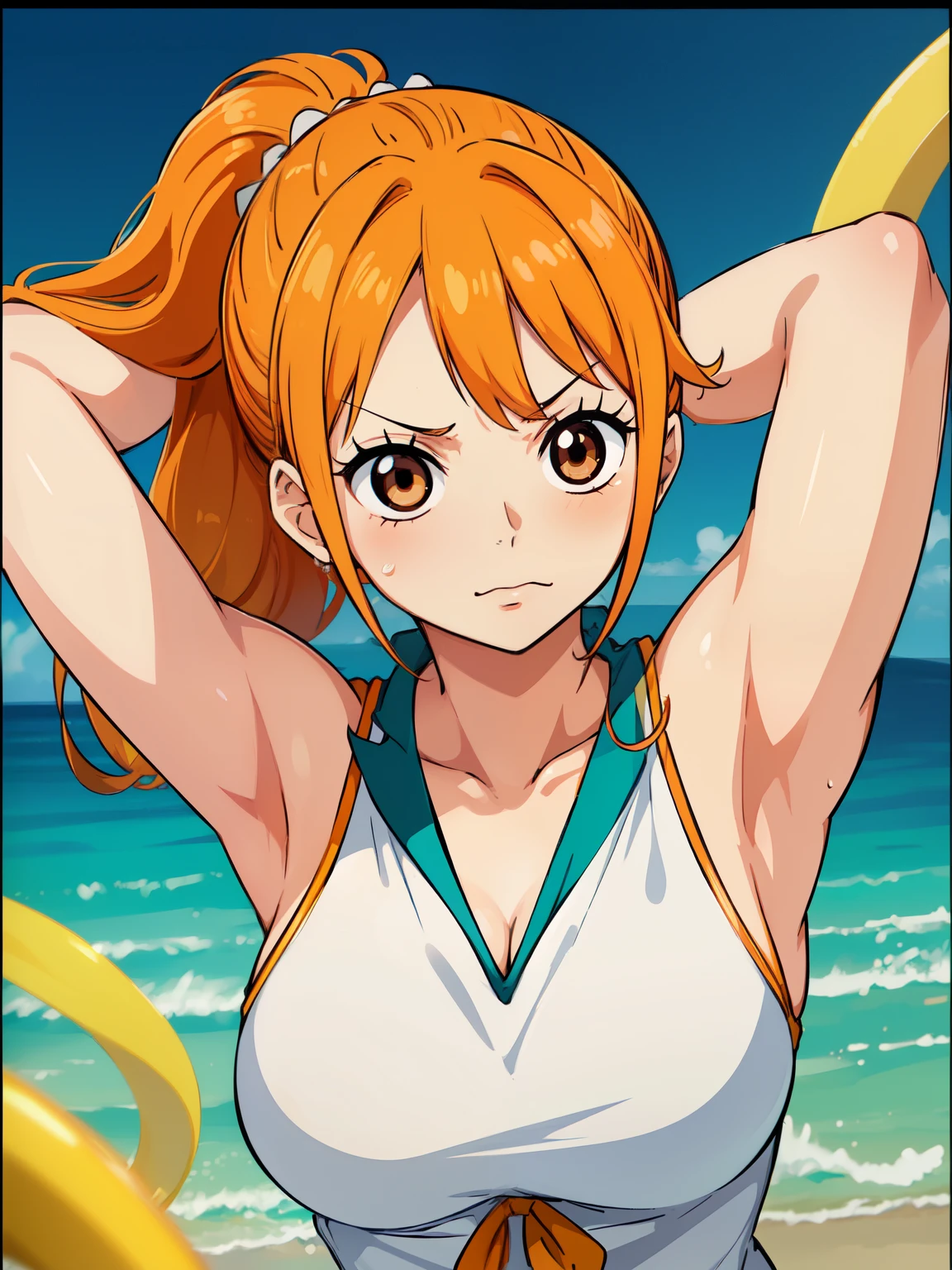 ((Put your arms behind your head)),side,side汗,Nami from One Piece, Long orange ponytail hair, (Highest quality, 4K, 8k, High resolution, masterpiece:1.2), Very detailed, Beautiful brown eyes, Blushing, Ahegao,Anime Style