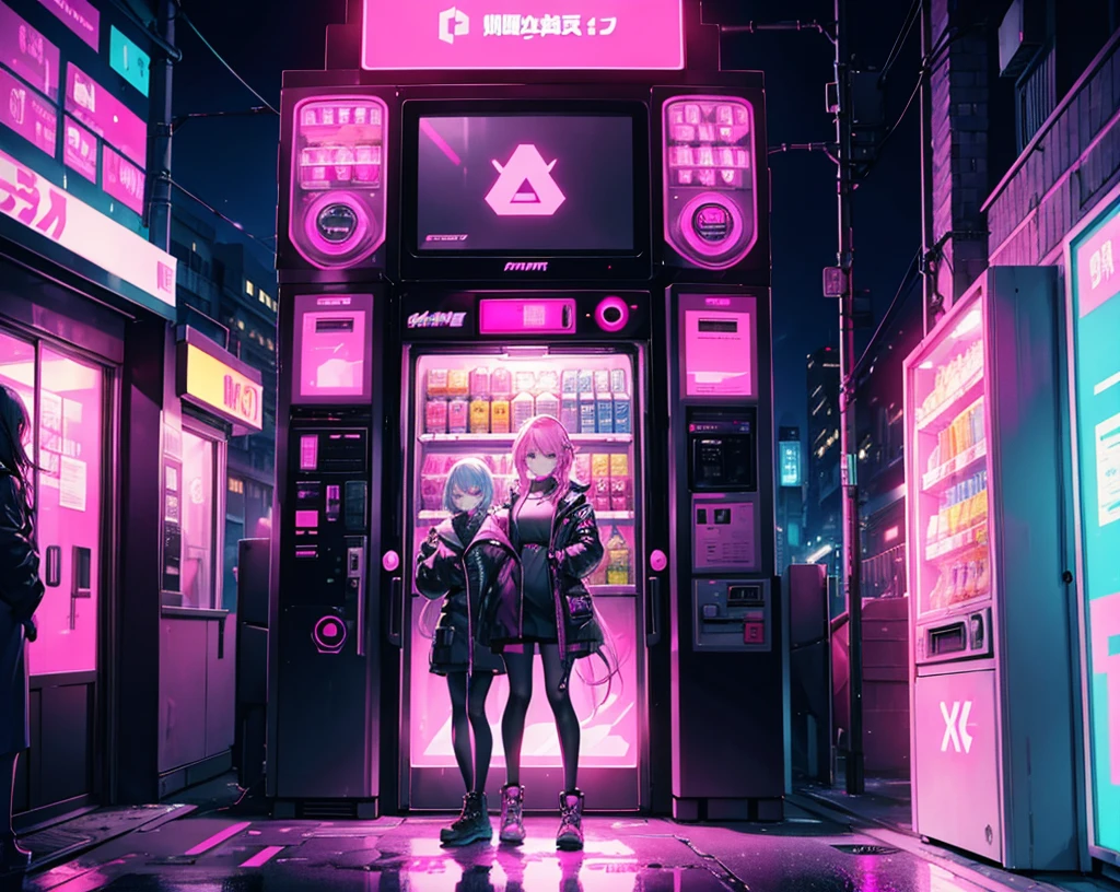3 girls, cyberpunk outfit, pink car, cyberpunk aesthetic, pink vending machine, cyberpunk street, pink signs, night