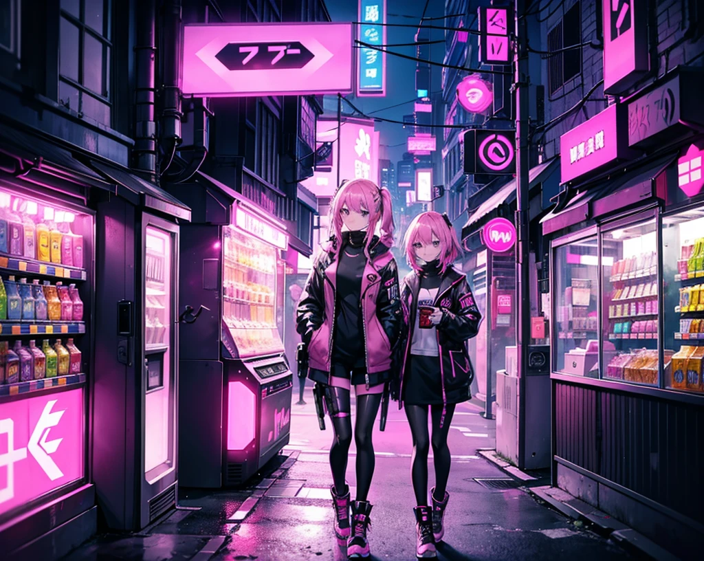 3 girls, cyberpunk outfit, pink car, cyberpunk aesthetic, pink vending machine, cyberpunk street, pink signs, night
