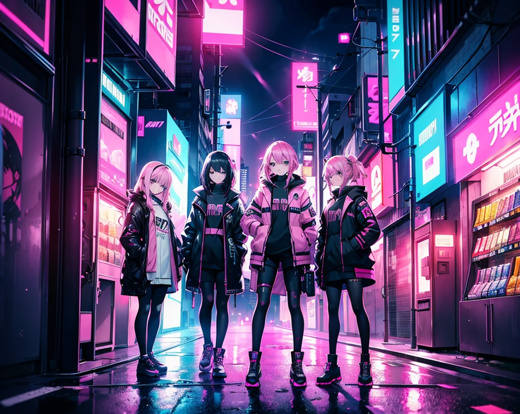 3 girls, cyberpunk outfit, pink car, cyberpunk aesthetic, pink vending machine, cyberpunk street, pink signs, night