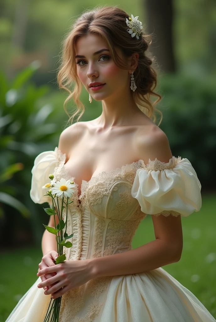 beautiful woman wearing victorian dress standing holding a flower
