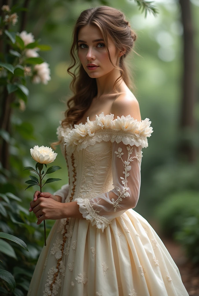 beautiful woman wearing victorian dress standing holding a flower