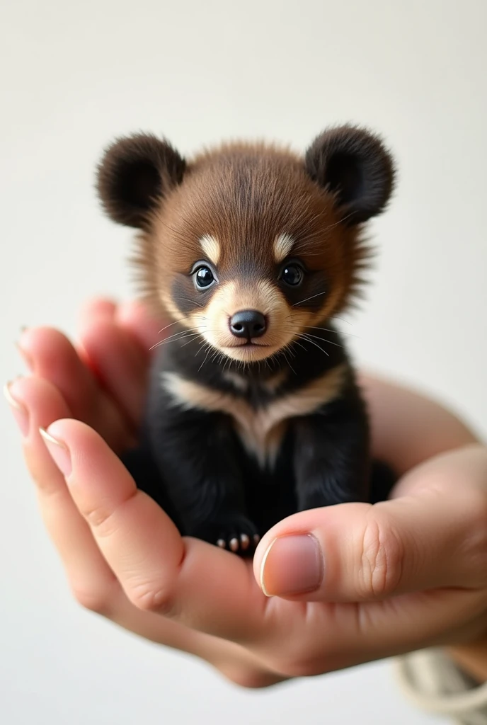 There is a small buffalo bear cub sitting in a person's hand, a miniature buffalo bear cub, a miniature animal, sitting on a finger, cute and cute, cute and cute, cute kitty, cute buffalo bear cub, photo  Very realistic, very small, beautiful buffalo bear figure, just a neat little thing, cute little nose, beautiful and cute, beautiful creature, pretty cute, very detailed photos.