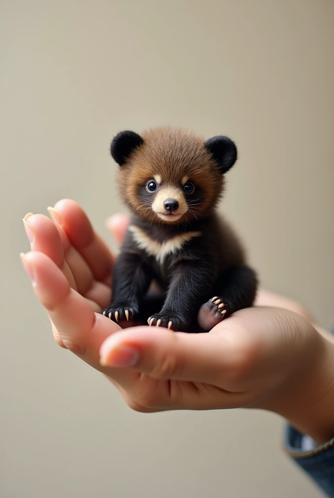 There is a small buffalo bear cub sitting in a person's hand, a miniature buffalo bear cub, a miniature animal, sitting on a finger, cute and cute, cute and cute, cute kitty, cute buffalo bear cub, photo  Very realistic, very small, beautiful buffalo bear figure, just a neat little thing, cute little nose, beautiful and cute, beautiful creature, pretty cute, very detailed photos.