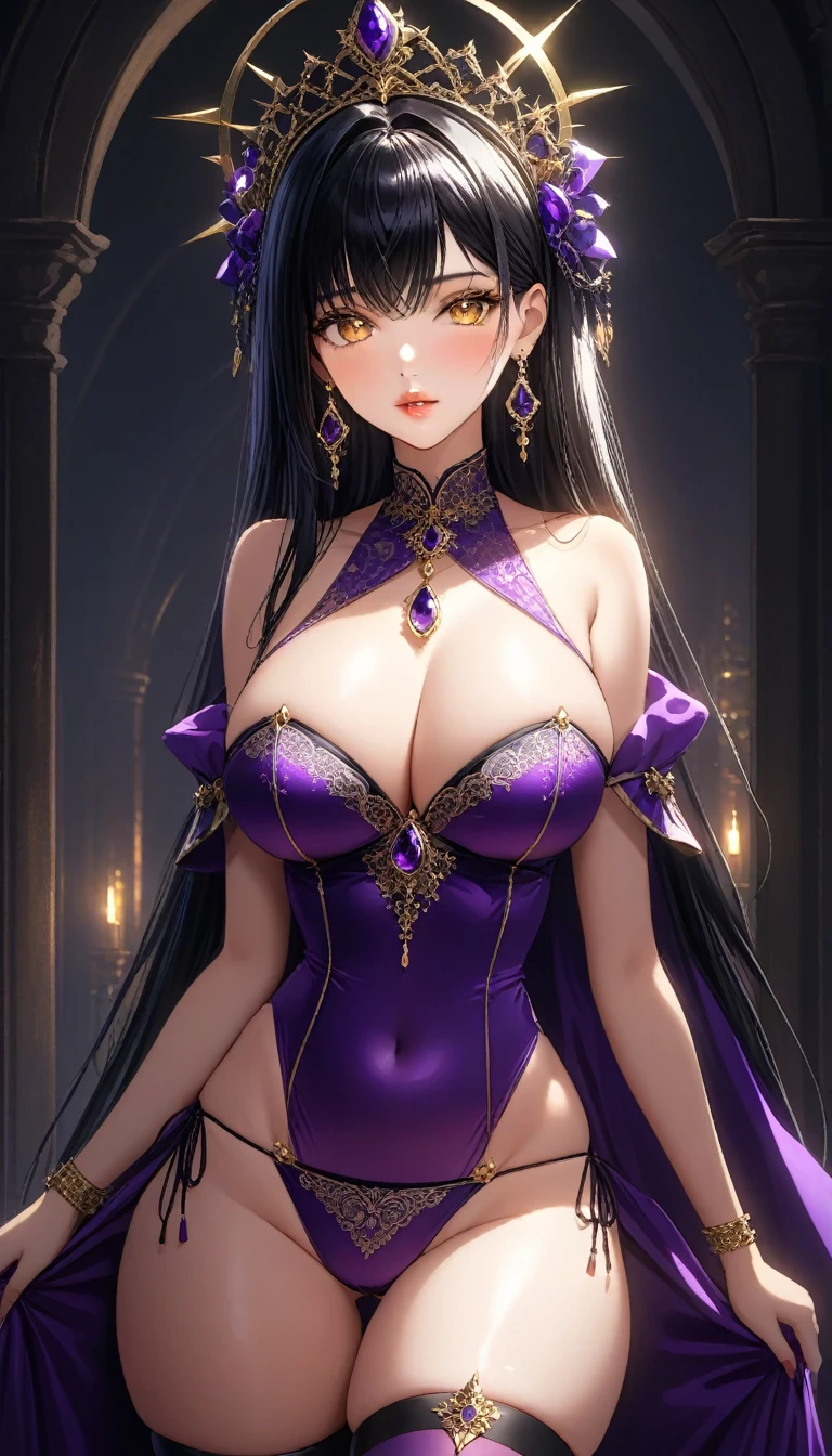 1girl, revealing clothes, saggy breasts, thighs, bare shoulder, long blunt black hair, yellow eyes, detached sleeves, purple sleeves, highleg panties, thong, purple thighhighs, shiny skin, headpiece, jewelry, long jhumka earrings, (best quality,4k,8k,highres,masterpiece:1.2),ultra-detailed,(realistic,photorealistic,photo-realistic:1.37),vibrant colors,dramatic lighting,intricate details,highly detailed face,extremely detailed eyes and face,longeyelashes,beautiful detailed eyes,beautiful detailed lips,cinematic lighting,volumetric lighting,dramatic shadows,dramatic highlights,chiaroscuro,dark fantasy,gothic,dark,moody