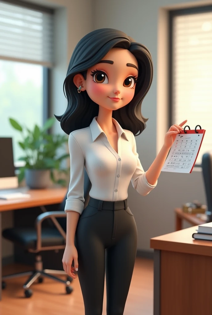 Cartoon 3d, adult woman, shoulder-length black hair, round brown eyes,
white dress shirt and black dress pants, high heels,
inside an office, sitting at her desk, looking straight ahead, pointing to a calendar