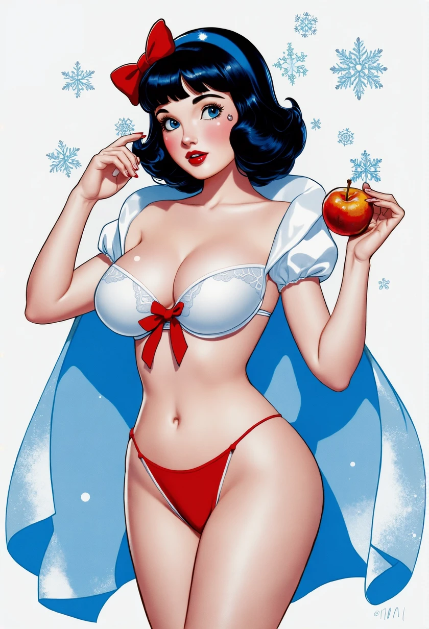 Betty Page as snow white, pin up, pee on the floor, hands up