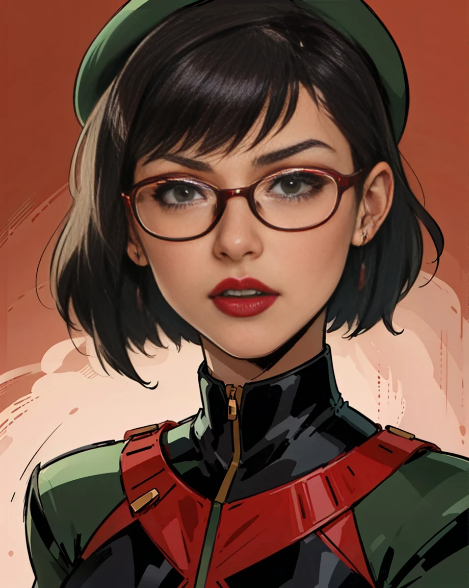 Comic Art Illustration Style, an illustration of a woman wearing glasses and a hat, 1girl, solo, looking at viewer, short hair, hat, jewelry, earrings, glasses, red background, red lips