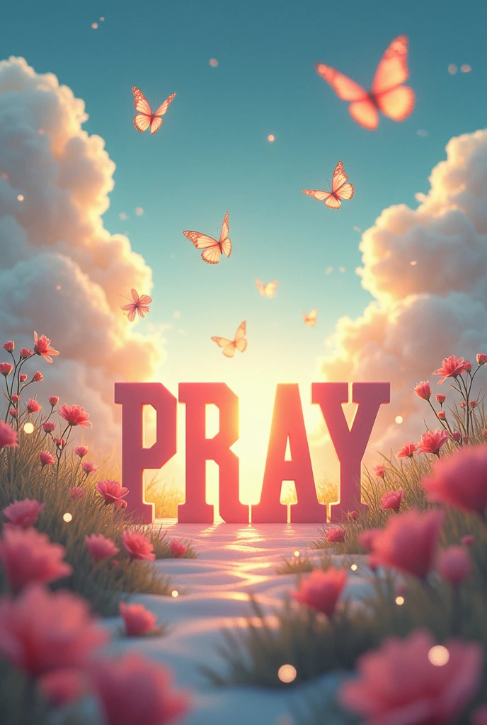 There is a beautiful, fantasy, white cloudy  title "PRAY". Sky background, fantasy, fireflies, flowers and butterflies. A 3d, Aesthetic, Fantasy poster. There is multiple love letter envelopes falling from the sky in the background