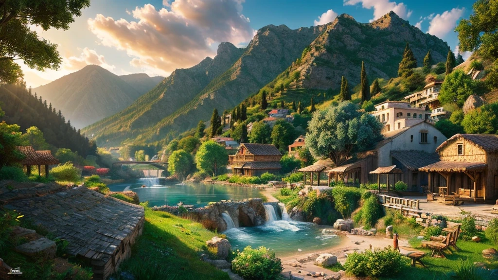 Ancient Greek Village, mystical nature, Rivers, Mountains and forests, waterfall, cloud, Photorealistic photos, It's not 8k. Aerial view.