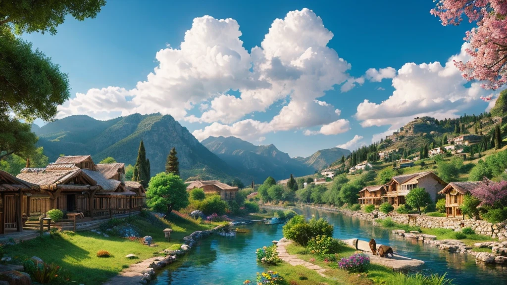 Ancient Greek Village, mystical nature, Rivers, Mountains and forests, waterfall, cloud, Photorealistic photos, It's not 8k. Aerial view.