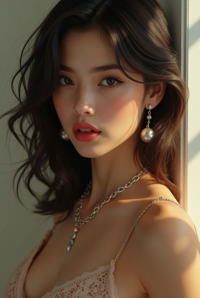 masterpiece, Highest quality,  Highest quality,  Realistic, Unity,  8k wallpaper,  Official Art, extremely detailed CG Unity 8k wallpaper,  (original: 1.2), (Realistic: 1.4),  Very detailed, High resolution, Very detaileded,wonderful,  Finer details,  Cinema Lighting, Upper Body
(One Girl:1.4 ), (brown|Black Hair:1.4), Bobcut,  (Realistic skin:1.2), (light brown skin:1.2),((Huge breasts)),  Beautiful with beautiful details,  Very detailed目と顔,  Beautiful eyes in every detail, Large file size,  Very detaileded and beautiful, blush,  Embarrassing,(smile:1.4), iris,  Too many model shoots,  Upper Body shoot, (Black Color Hot Micro Bra) , Earrings, Chain Necklaces, Plump